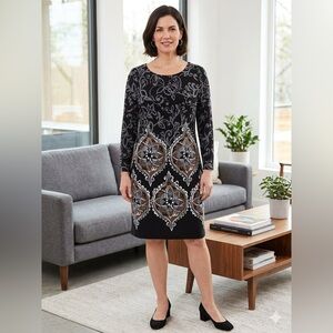 Lucy & Laurel Border Print Sheath Dress Size 14 Mandala 3/4 Sleeve Boho